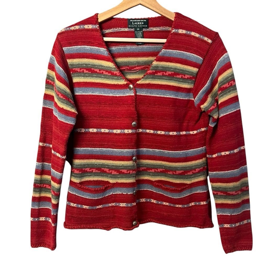 Vintage Lauren Ralph Lauren Hand Knit Cardigan Sweater Size M Southwestern Aztec